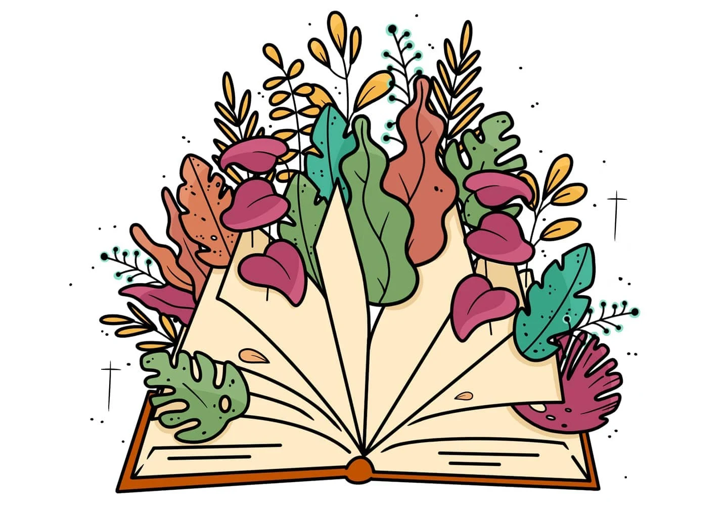 An open book bursting with colourful leaves, mushrooms and botanical forms